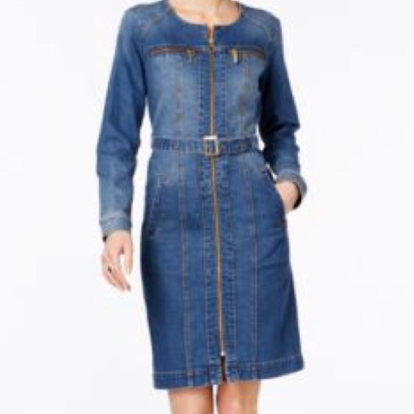 long sleeve belted denim dress